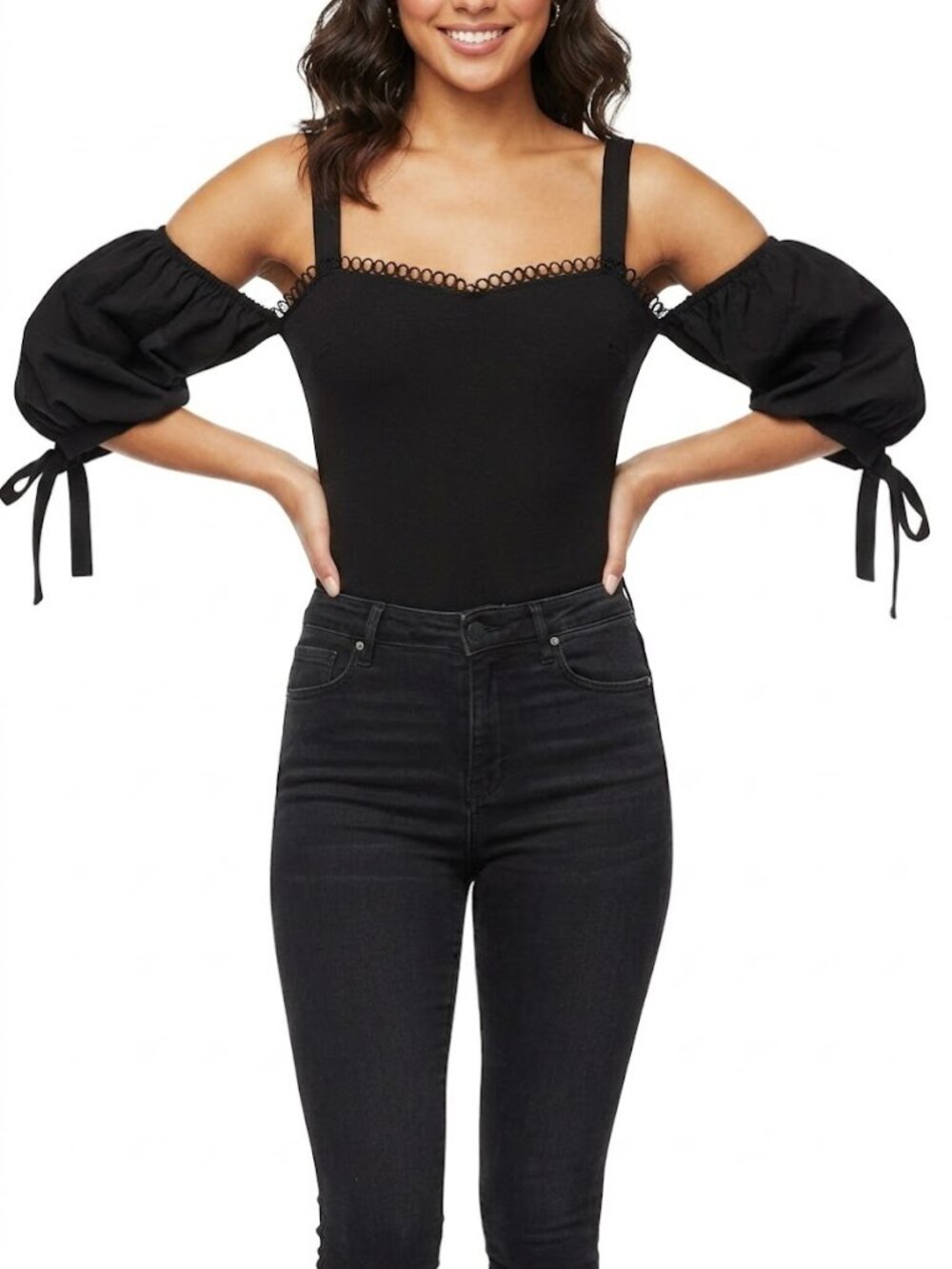 By Egreis Coquette Goth Black Puff Sleeve Off-Shoulder Bodysuit Size L